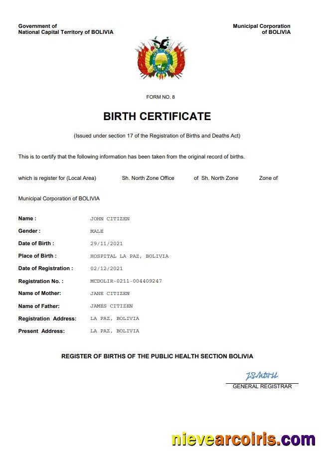 Bolivia vital record birth certificate